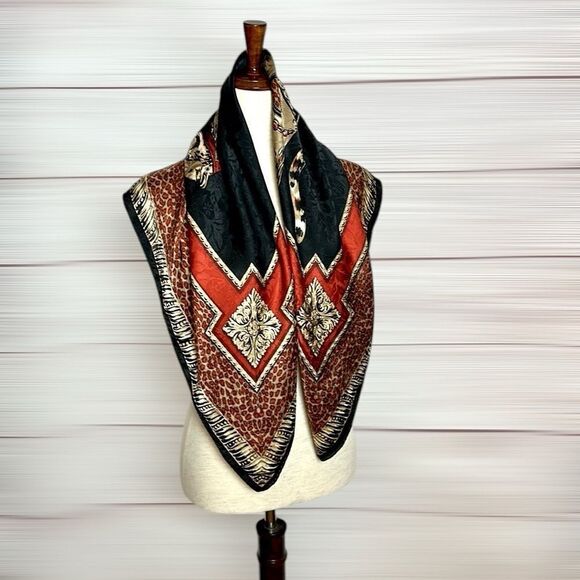 Ellen Tracy Linda Allard Silk Jacquard Cheetah Scarf Black Red Beige Vintage - Picture 9 of 12